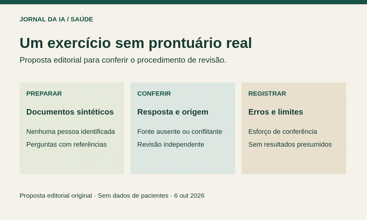 Roteiro original de teste com documentos sintéticos, referências revisadas e registro de falhas