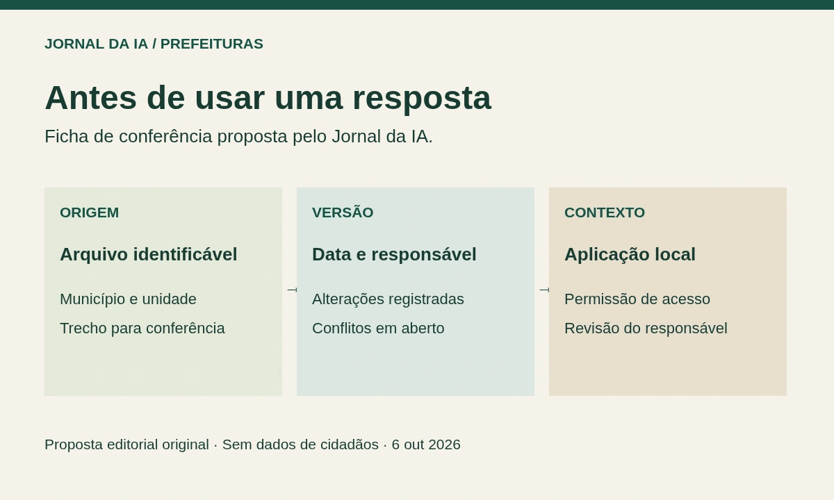 Ficha de conferência com origem, versão e contexto local antes de usar uma resposta